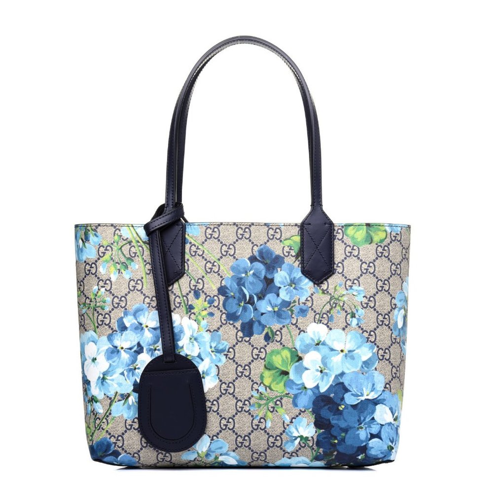 Gucci GG Supreme Blooms Floral Canvas Reversible Leather Small Tote Handbag